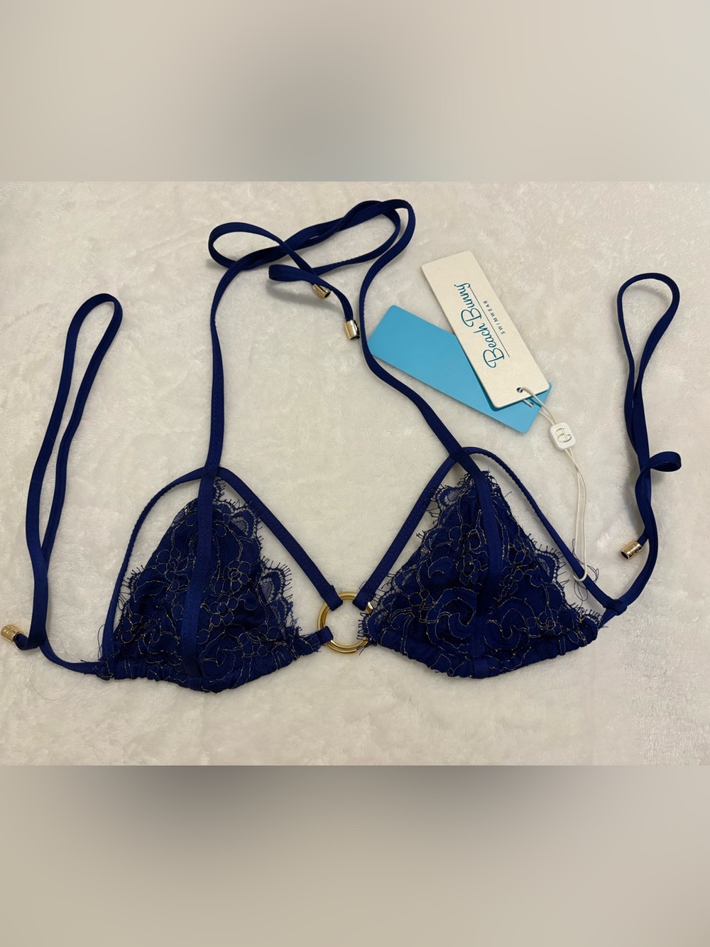 Beach Bunny Gunpowder Navy Lace Triangle Bikini Top with Gold Accents